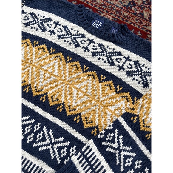 VINTAGE Gap Sweater Men’s M Blue Yellow Chunky Knit Wool Nordic Birdseye - Picture 2 of 6